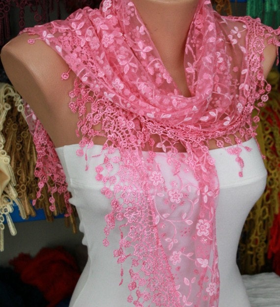 Lace Scarf Shawl Scarf Women Shawl Scarf - Cowl Scarf - Pink - fatwoman