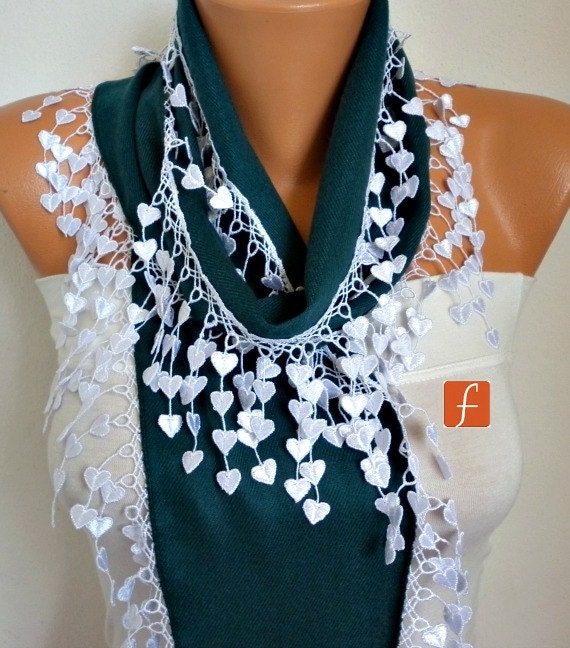 Emerald Green Scarf - Pashmina Scarf - Cowl Scarf with Lace Edge - fatwoman