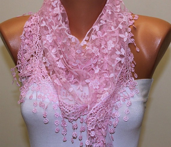 Women Shawl Scarf - Cowl Scarf - Lace Scarf -Pink - fatwoman