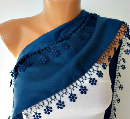 Navy  Blue Scarf   Pashmina  Scarf   Cowl Scarf with Lace Edge   - Necklace Scarf