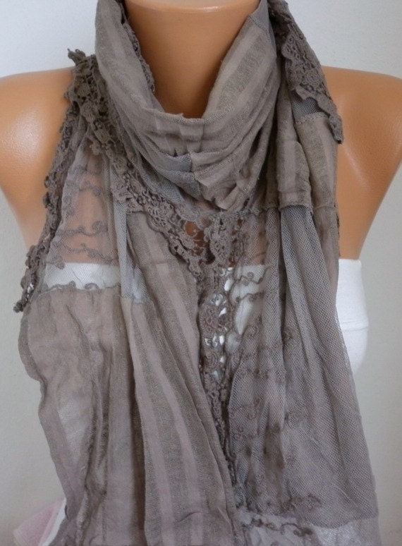 Beige  Shawl Scarf -  Cotton - Lace Scarf Cowl  - Bridesmaid Gift for her mom - fatwoman