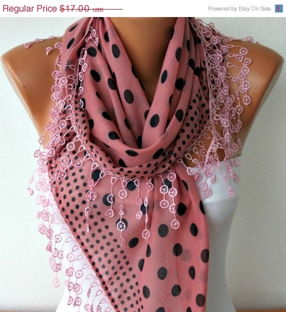 BIG SALE Polka Dot Scarf - Cotton Scarves - Cowl with Lace Edge - Cinnamon