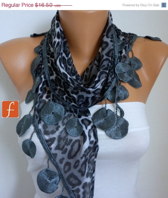 BIG SALE Gray Leopard Scarf Women Scarf Cowl Scarf with Lace Edge - fatwoman