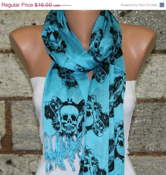 BIG SALE Blue  Skull Scarf  - Fabric Large Skulls - fatwoman
