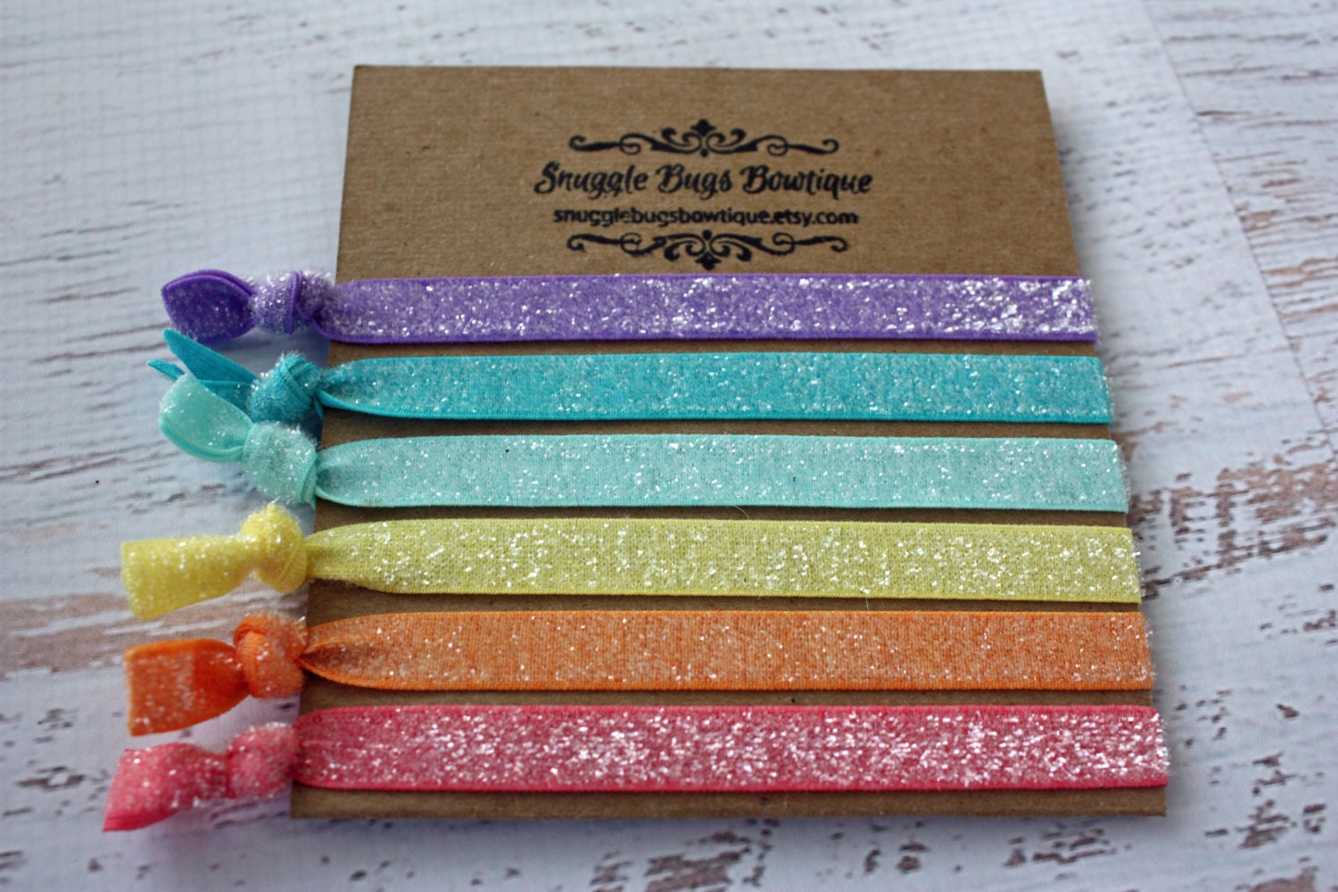 Set of 6 Glitter Elastic Hair Ties - Rainbow - Ponytail Holders