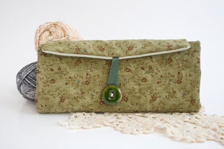 Crochet Hook Organizer - Kaki Green Field of Brown Flowers