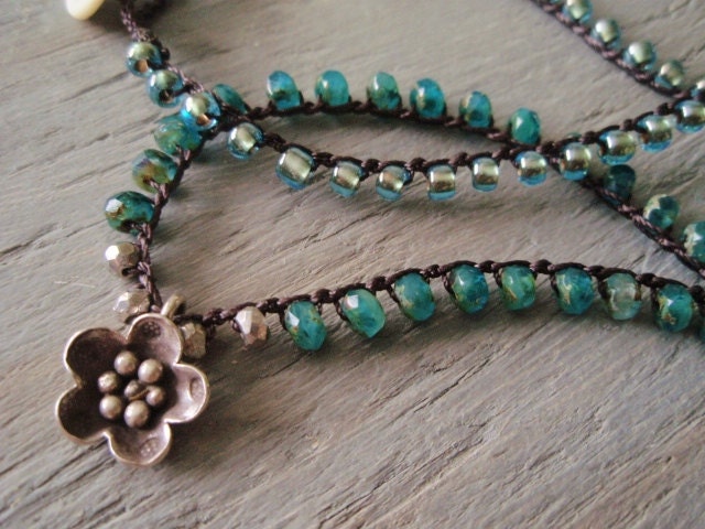Teal green crochet necklace- LilyPond - Thai silver flower, aqua blue green turquoise Caribbean water inspired crochet jewelry, boho chic