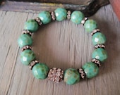 Eco chic Stretch bracelet 'BYGONES - Green Turquoise' vintage rhinestone stack bracelet rustic luxe bohemian