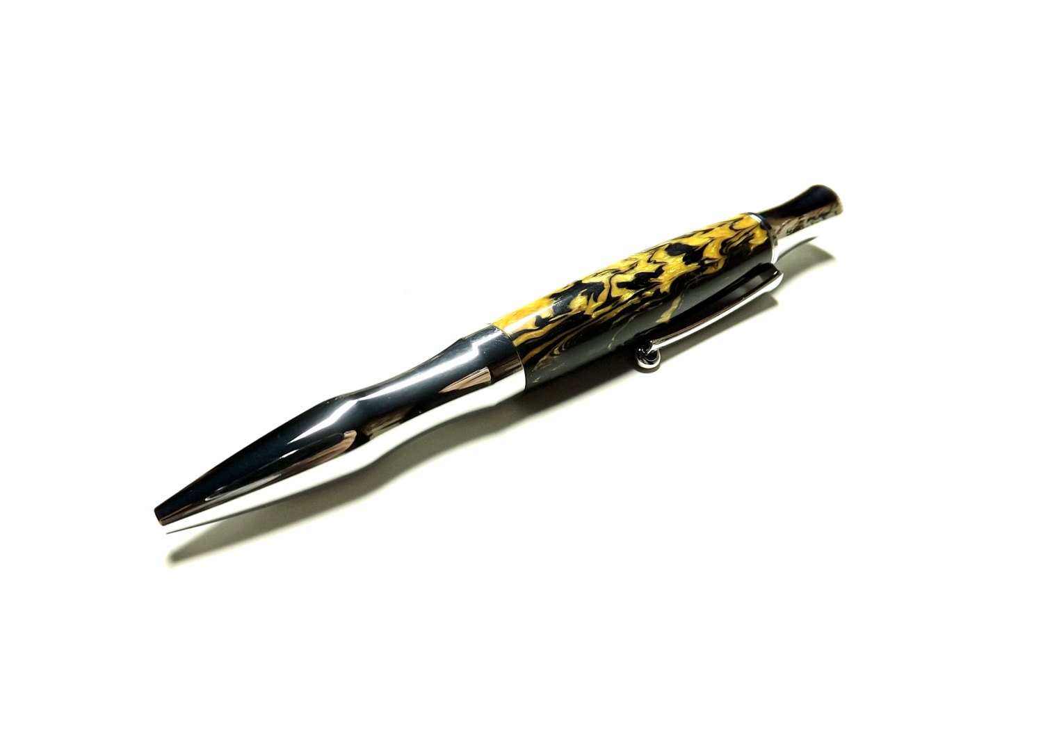 Hand Turned Pen - Virage Ballpoint - Twist Style - Blue Yellow Acrylic - Chrome Hardware - Black Ink - Black Velvet Pouch Included