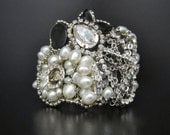 Bridal Cuff  with Pearls & Rhinestones - Handcrafted Flower Wedding Bracelet by Sharona Nissan