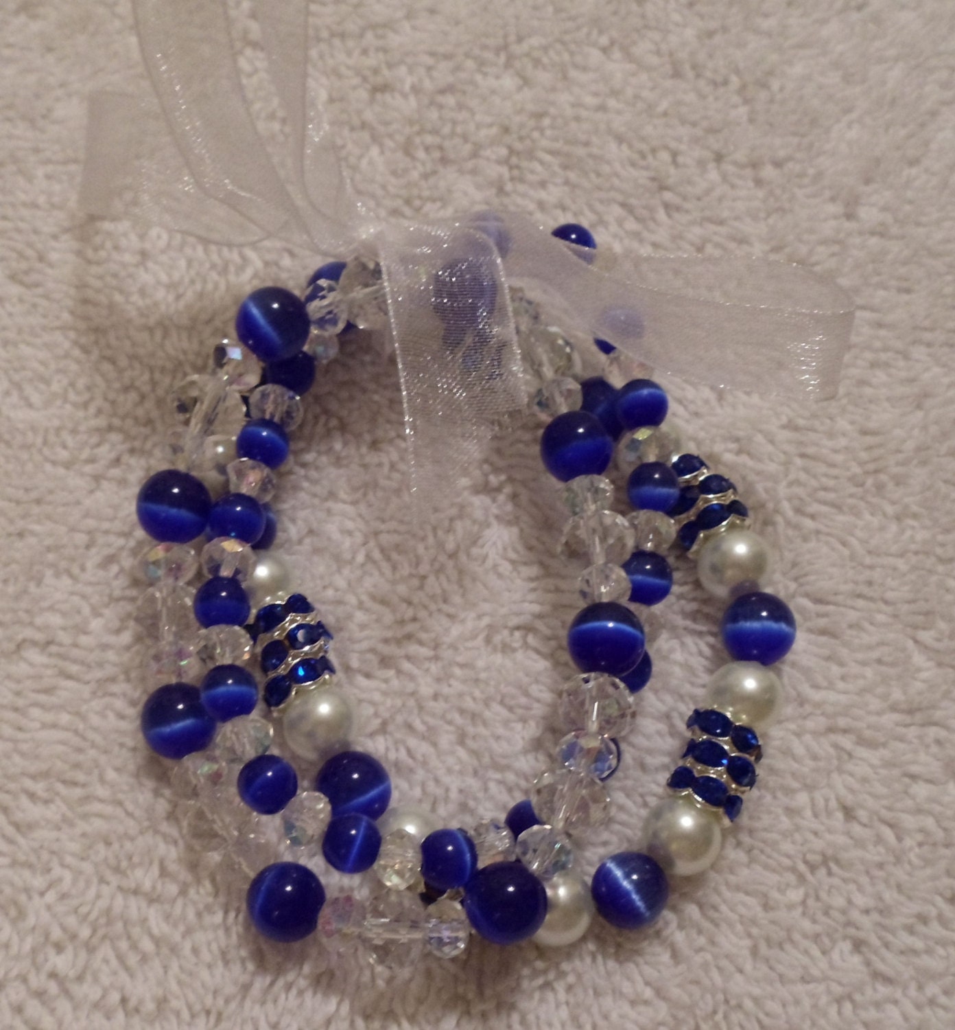 Bracelet, Blue Cat Eye Beads, Glass rhinestones and crystal, Glass Pearls 3 Piece Set,  Free Shipping