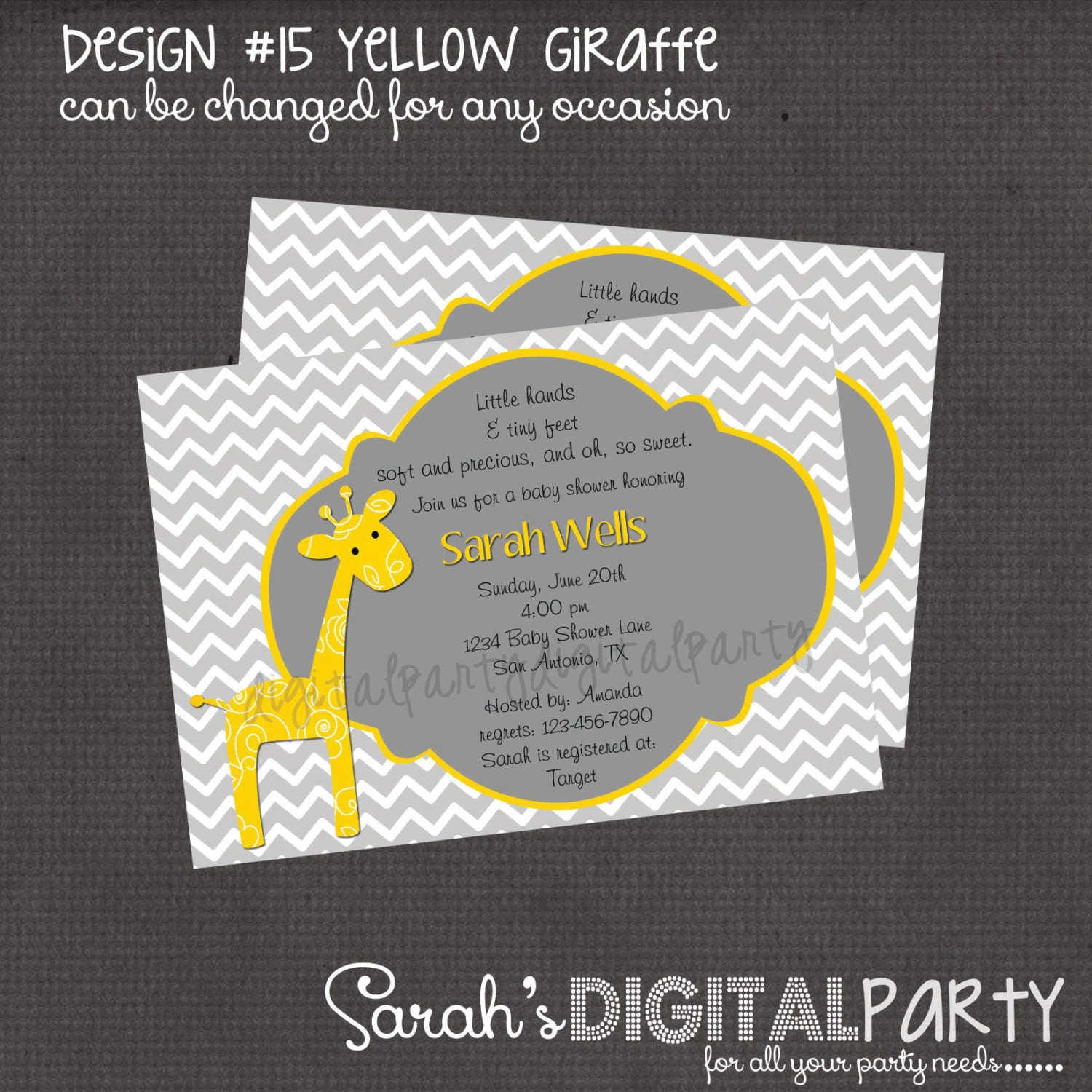Yellow and Grey Giraffe Baby Shower Invitation 4x6 or 5x7 digital you print your own- Design 15
