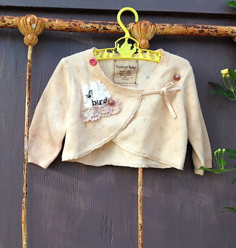 boho prairie  ecru natural baby tea dyed tiny bird hand stamped lace sweet shower ooak rustic sweater gift