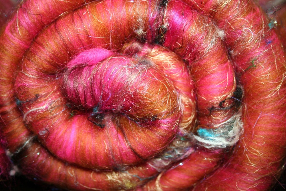 Batt Merino Bamboo Sari Silk Pulled Sari  Angelina 1.5 oz 44g OOAK Ready to Ship International - Attraction