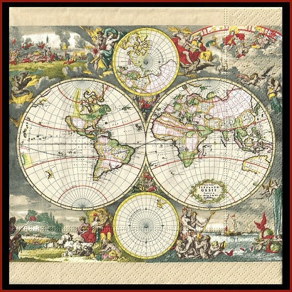4 Map Of The World Paper Decoupage Napkins -  Use For Crafts, Mixed Media, Scrapbooking, Collage And Altered Art Projects