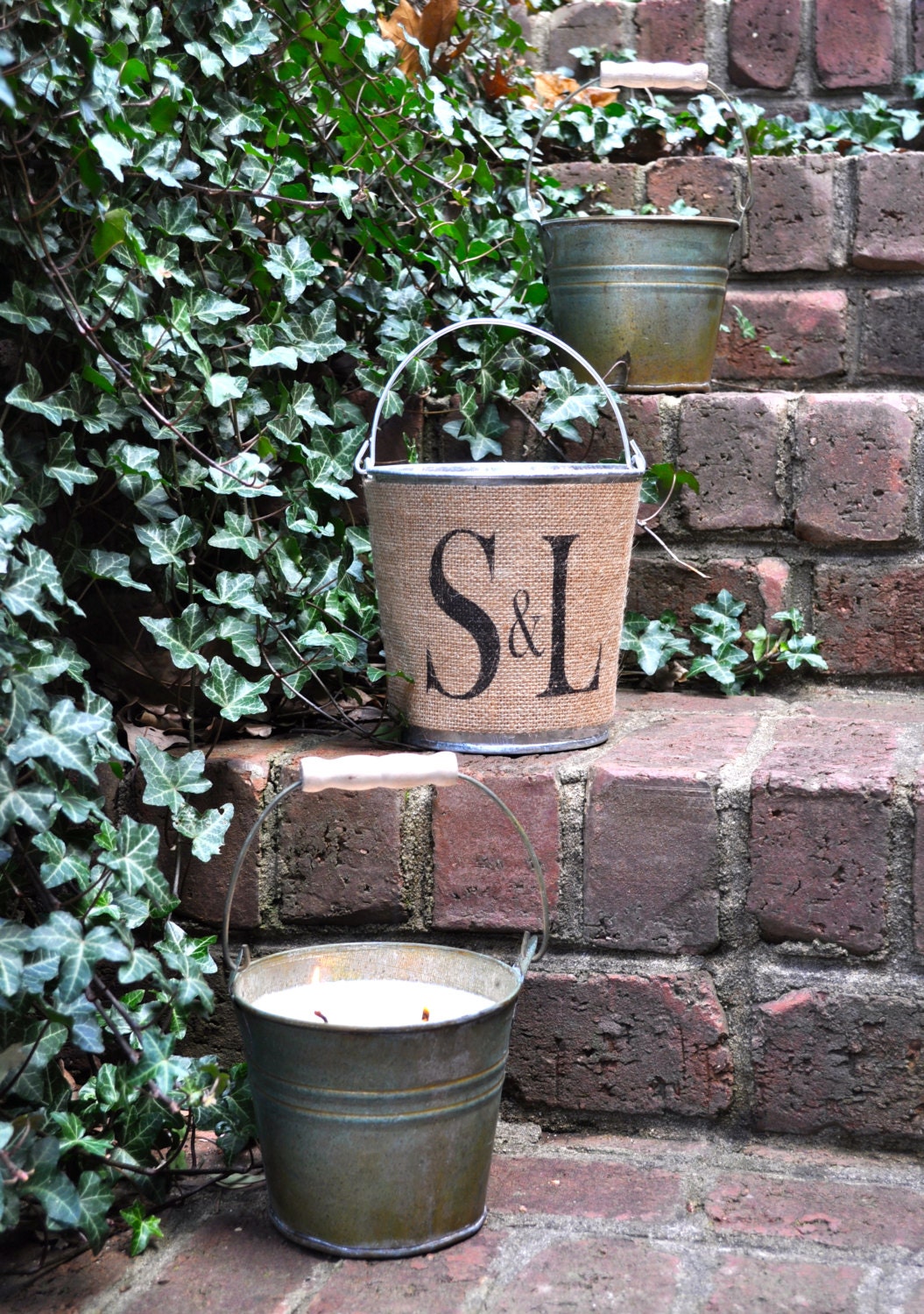 a southern bucket has a new addition to our burlap wrapped bucket collection- hand poured soy candle bucket for wedding, parties and home.