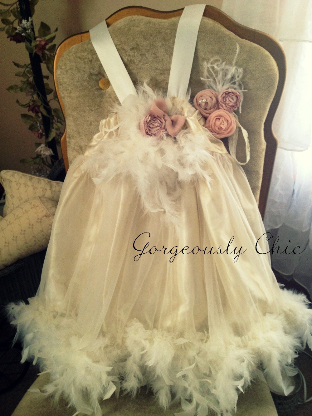 Featured in Treasury -Vintage Tea Party Dress, toddler feather dress, girls feather dress shabby, flower girl dress whimsical dress