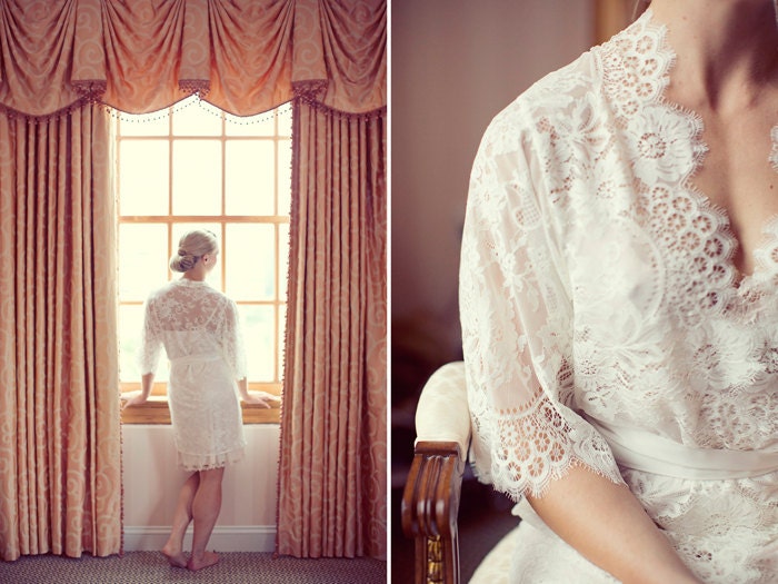 Ready to ship - Swan Queen Spring Bridal Scalloped French Lace kimono robe ivory off white S M L custom getting ready