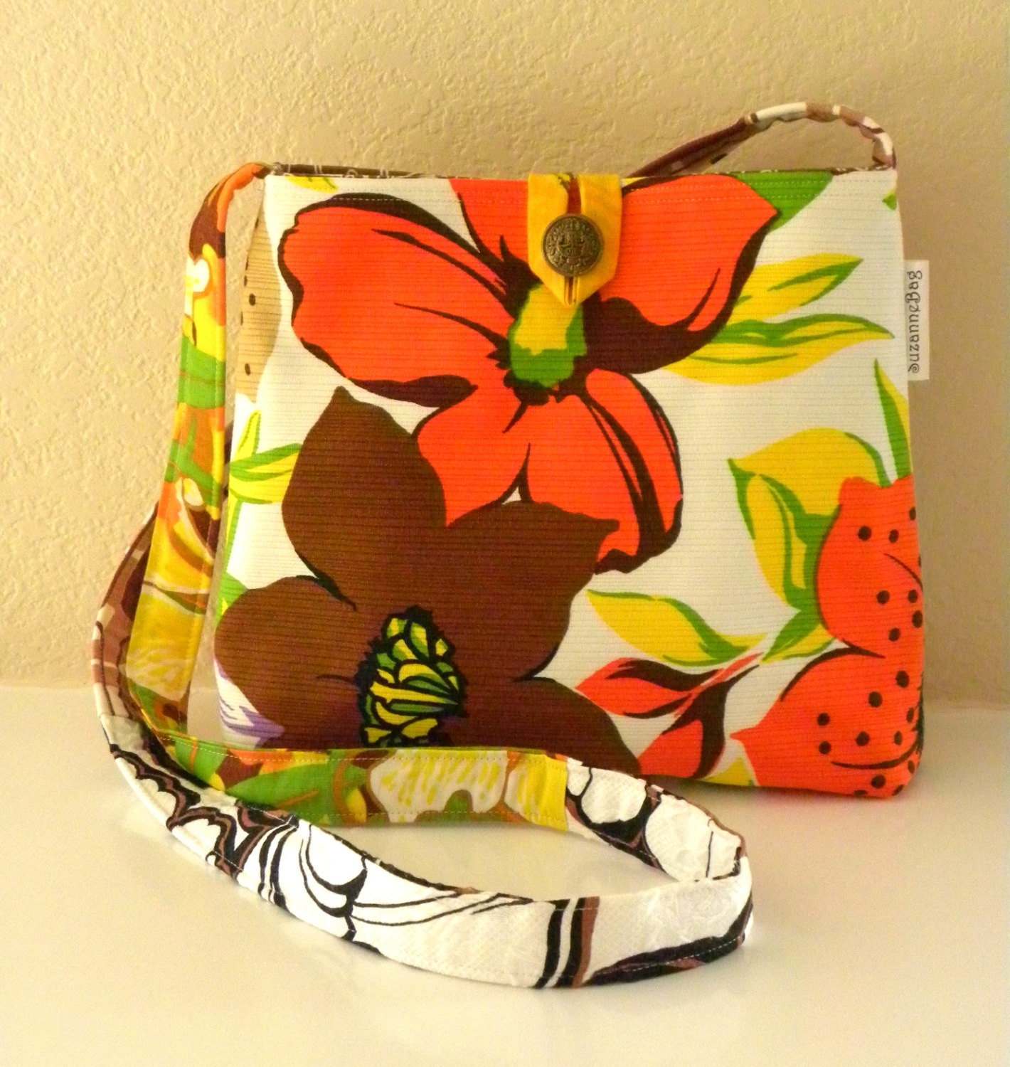 Messenger Bag - Vintage Patchwork Giant Floral - Orange, Yellow, Green & Brown