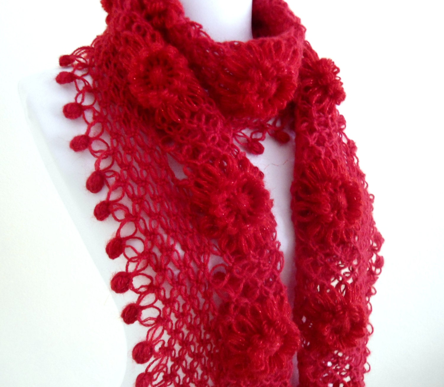 Red crochet scarf, crochet flower scarf, turkish scarf style, unique gift,valentines day, 2013 trends
