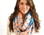 CORAL BLUE Ikat Western Chevron Geometric Exotic Print Infinity Loop Scarf Handmade Extra Wide Chunky Colorblock Women's Fashion Accessory