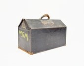 Vintage Black Metal Tool Box with Leather Handle