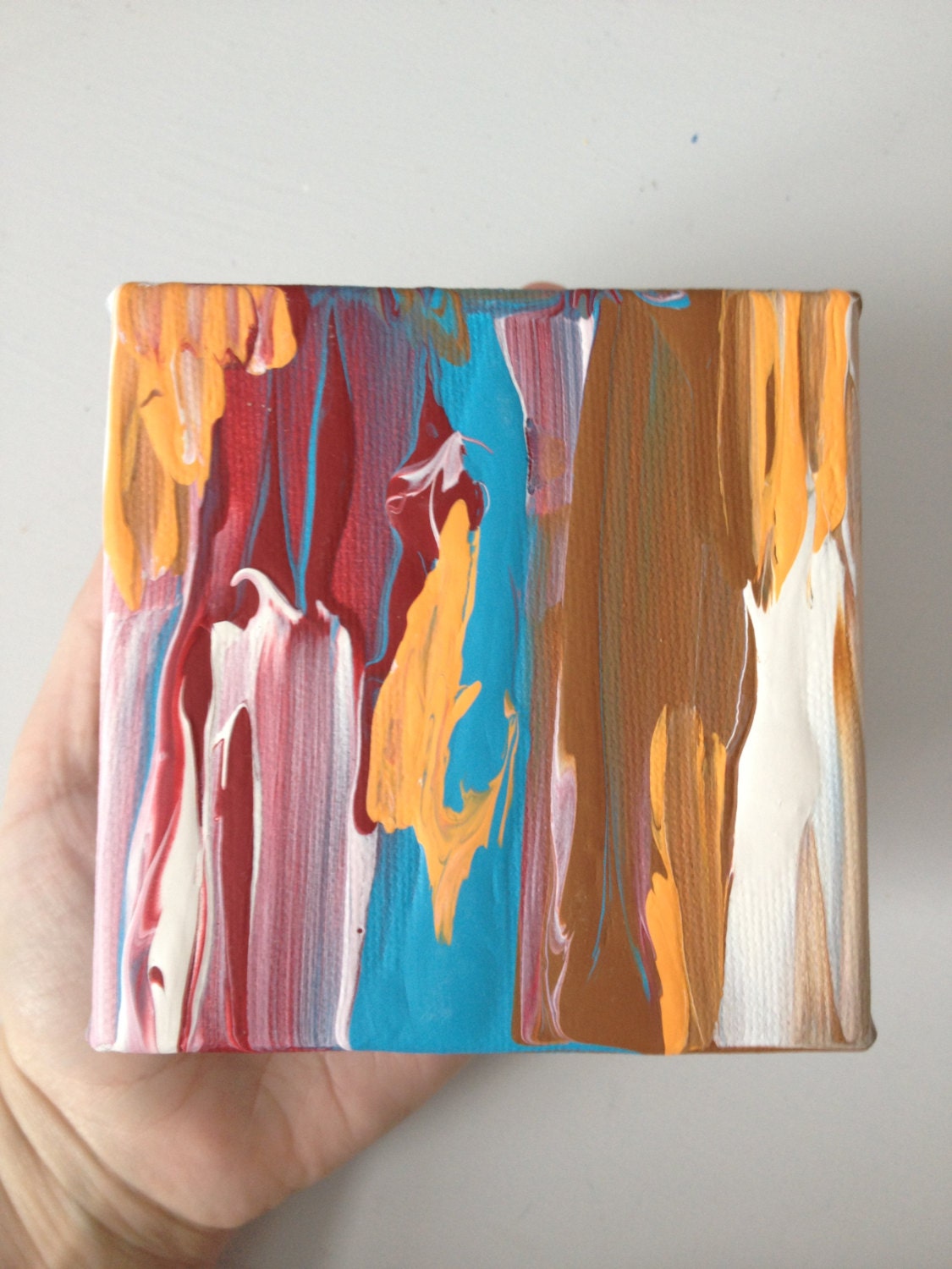 Southwest style small acrylic abstract painting 4"x4" gallery wrapped canvas, orange red turquoise sienna home decor