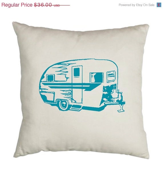 SALE Retro Camper Trailer Throw Pillow - Off White 18x18 inch