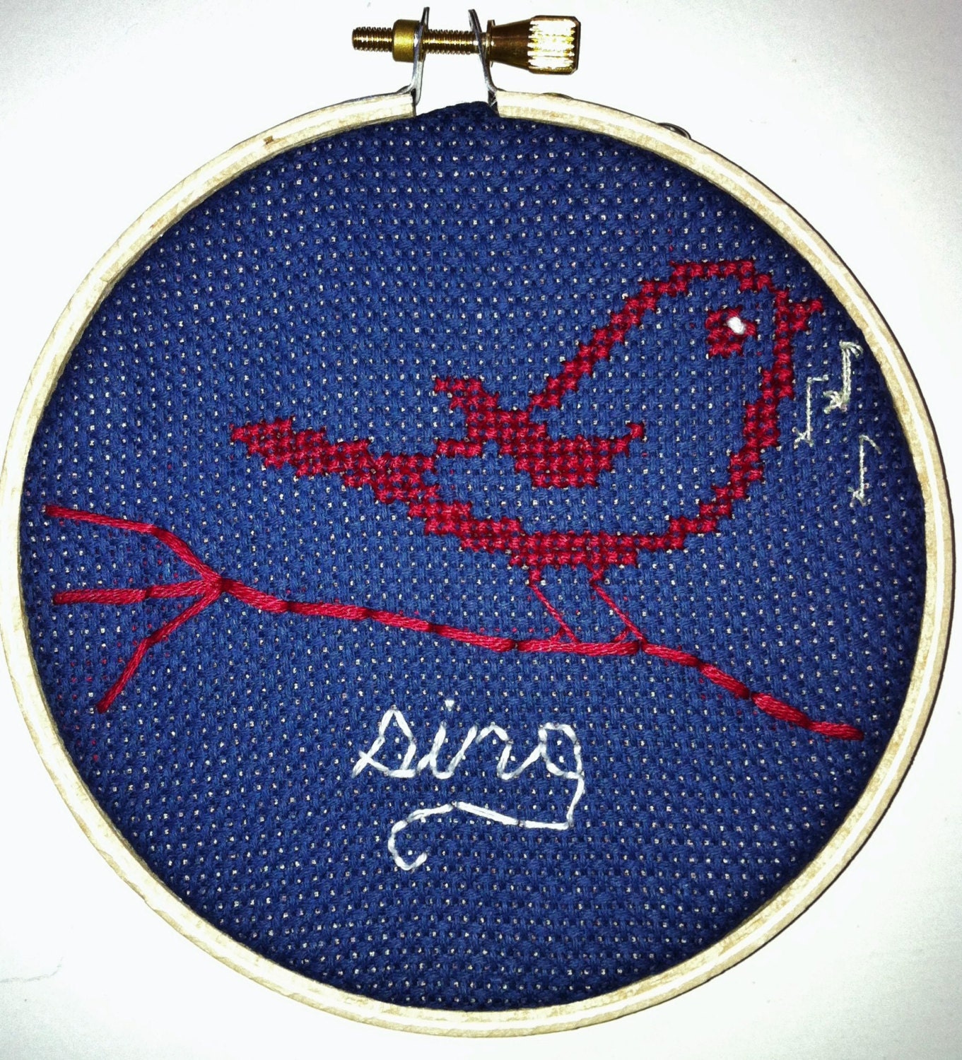 Bird Sings Cross Stitch Embroidery Finished with red bird fabric backing in 4" round Hoop Rustic fiber arts