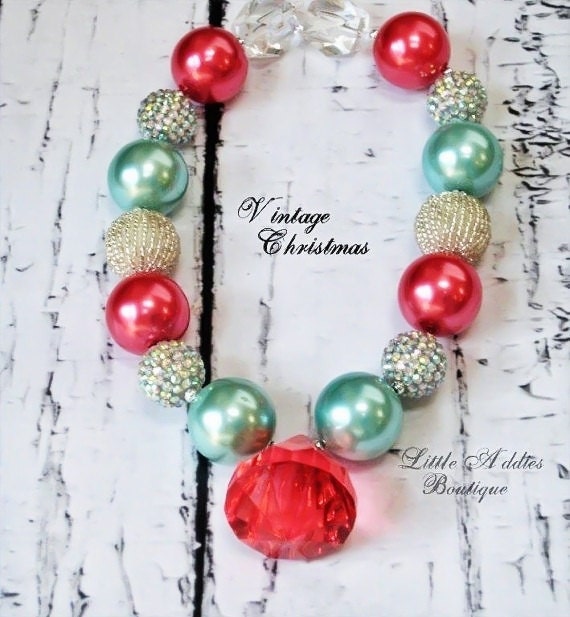 Red and Aqua Chunky Beaded Necklace, Vintage Circus