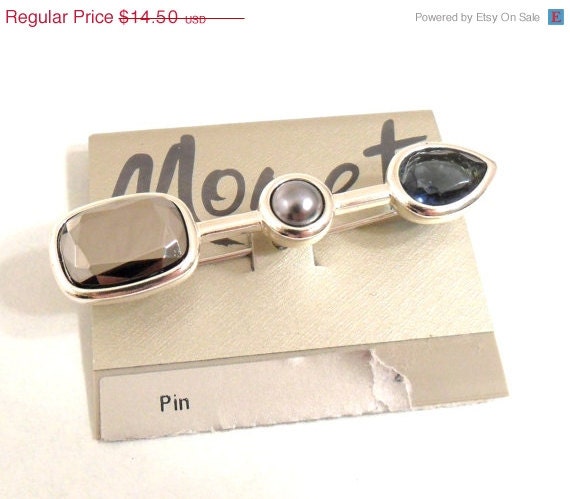 Monet Pin Brooch - Silver Tone Arrow w/ Faux Pearl, Blue Glass