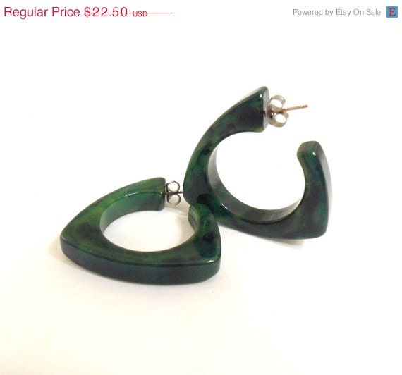 Bakelite Earrings - Green Marbled Hoops, Pierced Triangles