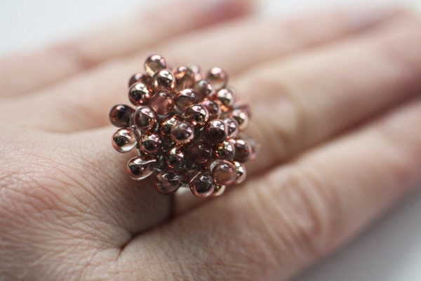 Metallic Copper Czech Glass Droplet Ring