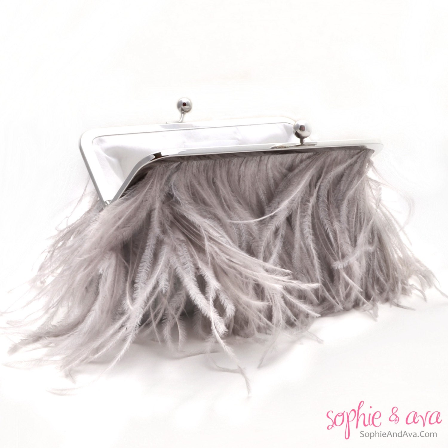 The 8" Grace Clutch in Dove Grey Ostrich Feathers