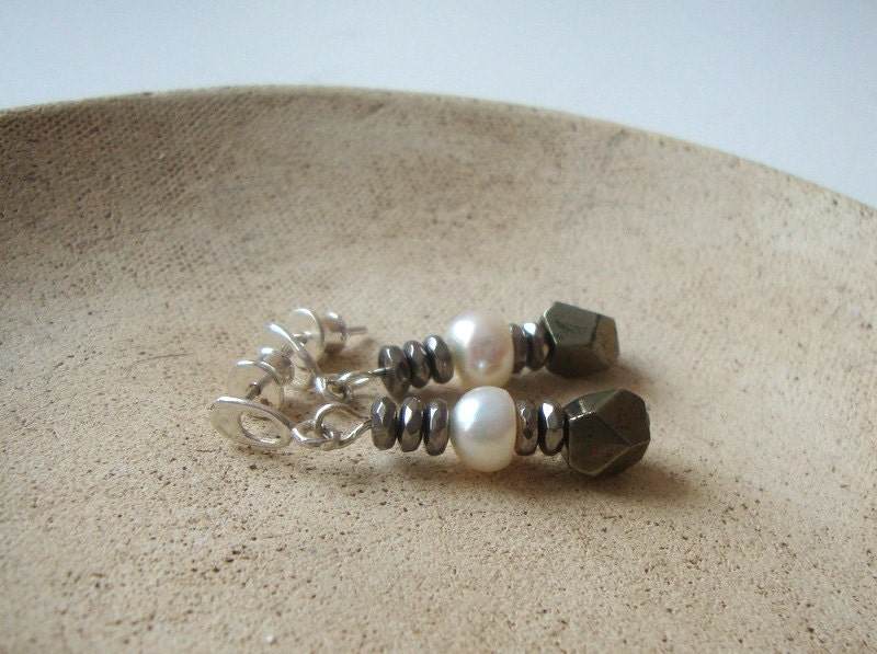 Modern earrings /  dangle earrings / gemstone earrings / pyrite / hematite / pearls / silver