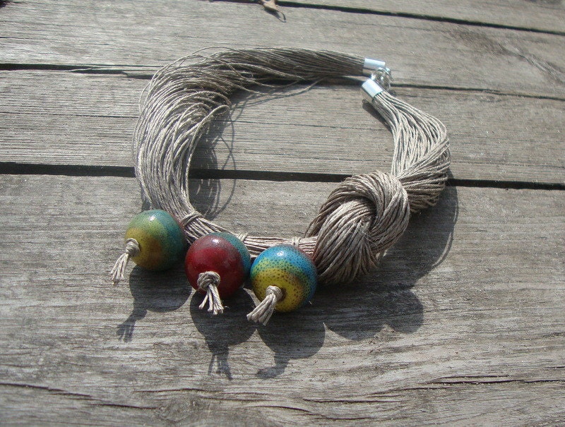 Summer necklace / ceramic necklace / linen necklace / modern rustic necklace / multicolor