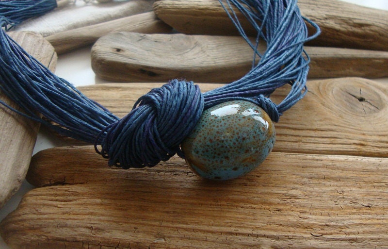 Blueberry linen necklace with ceramic bead / knotted necklace / blue / summer necklace / eco style necklace