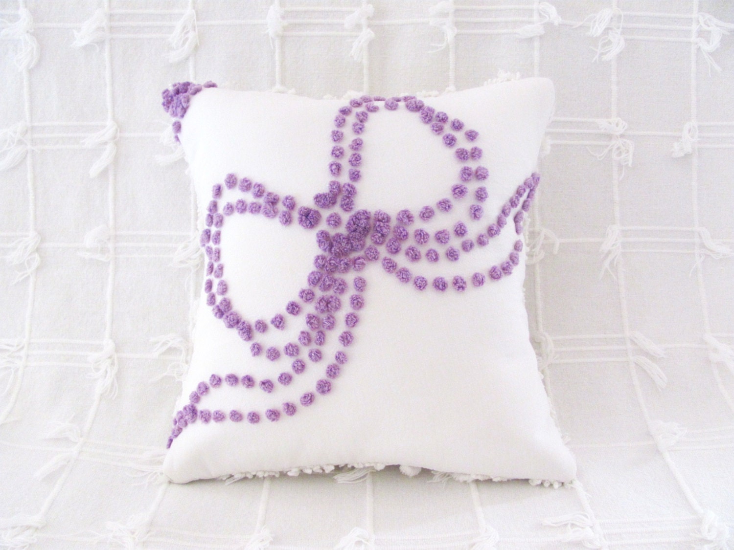 lavender pillow cover 12 X 12 ALL TIED UP  lilac cushion cover purple chenille cottage chic shabby style