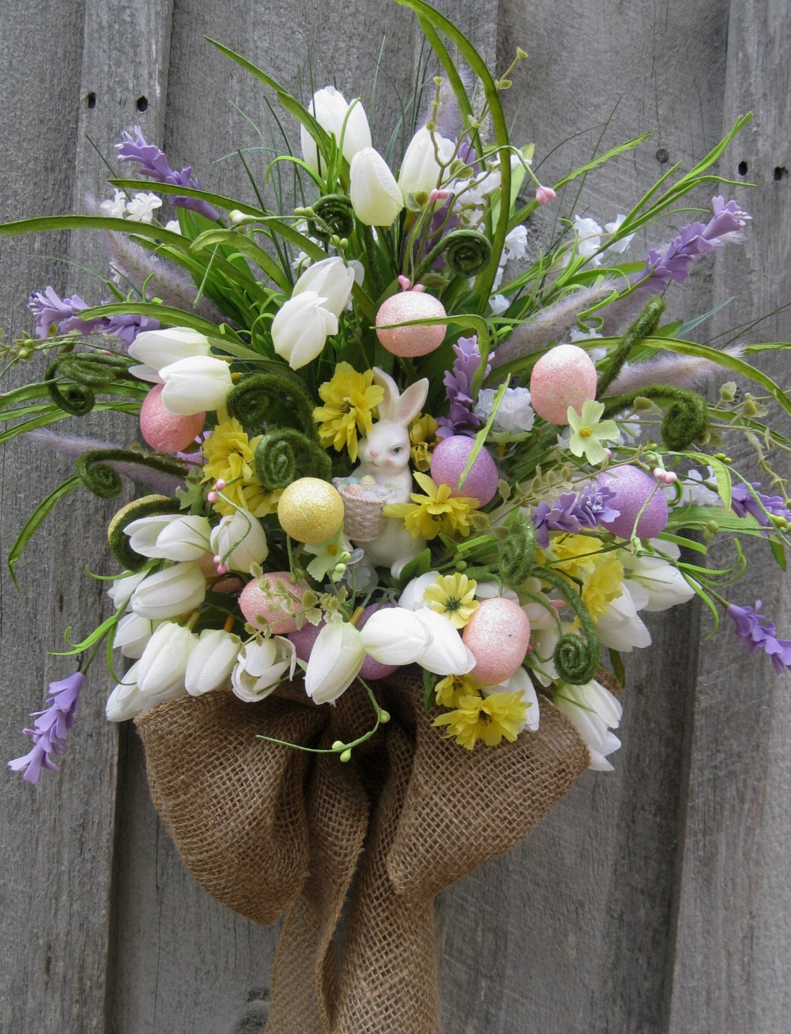 Easter Wreath, Spring Bouquet, Floral Wreath, Bunny, Easter Egg Décor, Country Cottage