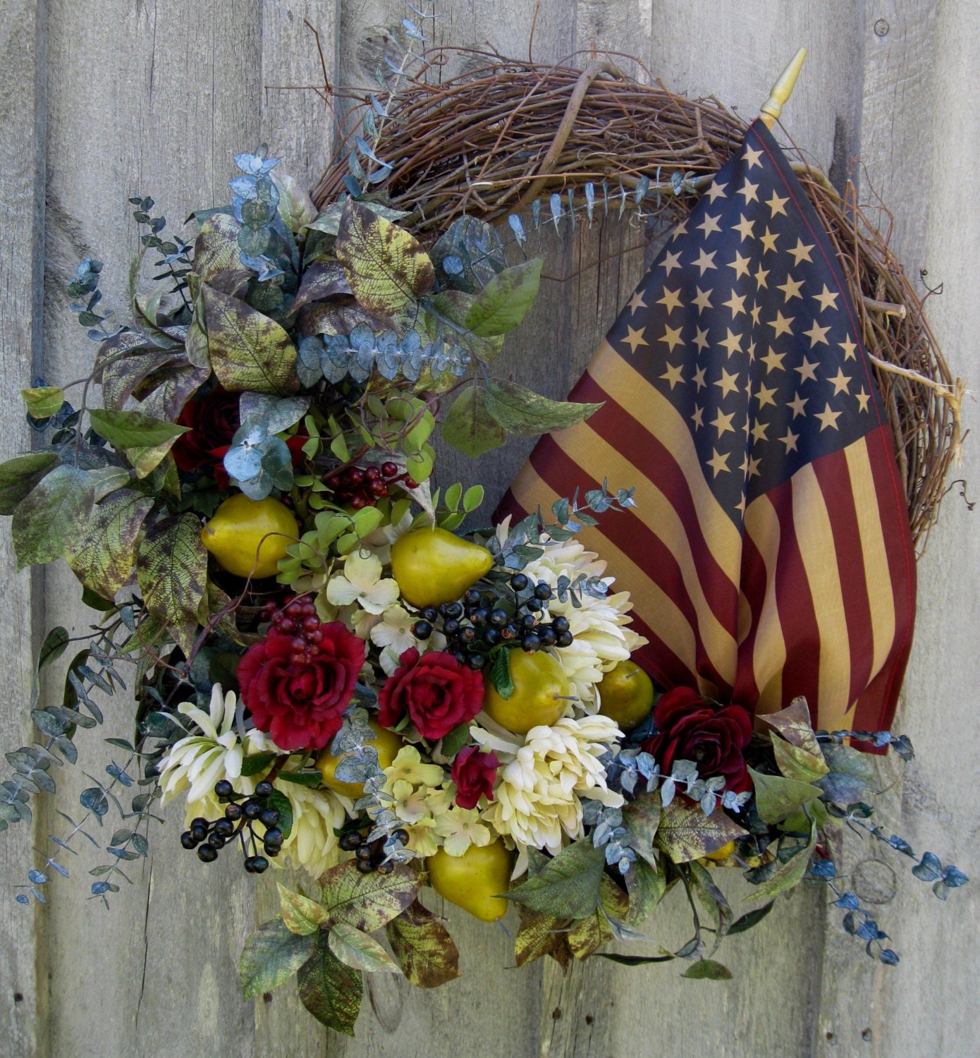 Americana Wreath, Patriotic, Fourth of July Wreath, Boston, Williamsburg, Tea Stained Flag