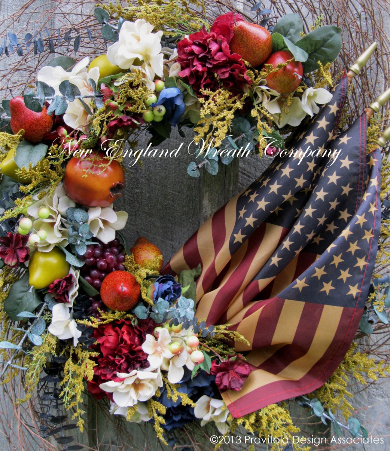 Americana Wreath, Patriotic, Boston, Williamsburg, Fourth of July, Floral Wreath, Fruit, Tea Stained Flags