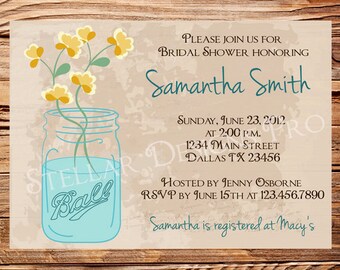 Bridal Shower Invitation, Vintage Mason Jar Invitation, Brown, Mason Jar Invite, Mason Jar, Ball, Mason Jar Wedding Shower Invitation (6008)