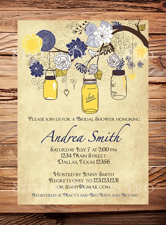Vintage Mason Jars Invitation, Vintage Bridal Shower Invitation, Wedding Shower,  Mason Jars, Branches, Turquoise, Brown (6121)
