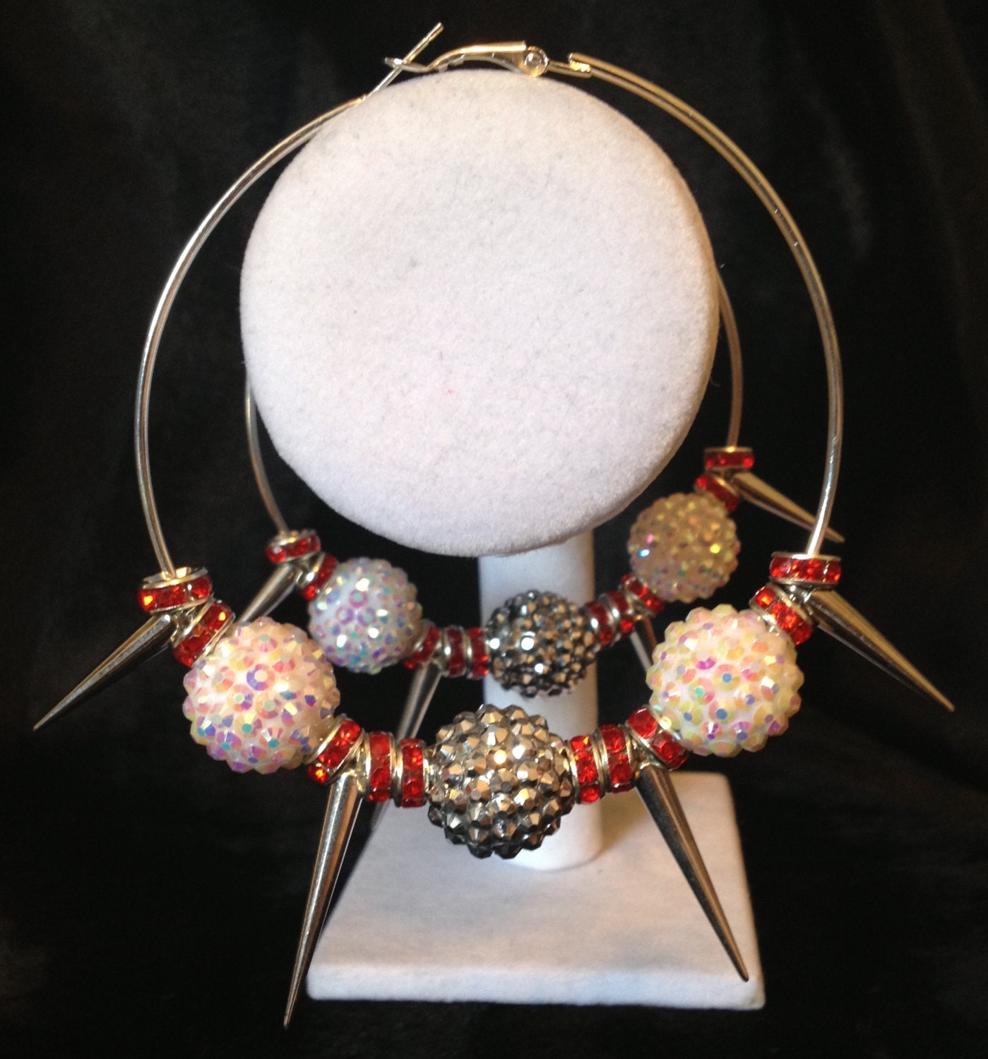 Silver, Red and White Spike Hoop Earrings