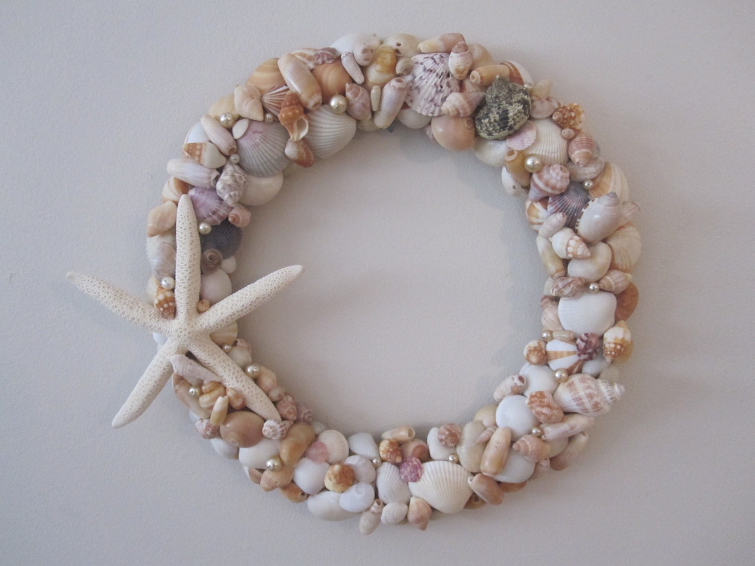 50% OFF Summer Sale Seashell starfish and vintage pearl wreath for coastal or beach wedding or home decor