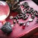 Vintage Black Rosary Necklace and Carved Cinnabar Heart with Glass Tear and Blood Drop. Black Hearted Love