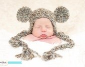SALE Teddy Bear Earflap Beanie Photography Prop: Baby Boy or Girl Newborn in Driftwood brown green blue cream white tassels