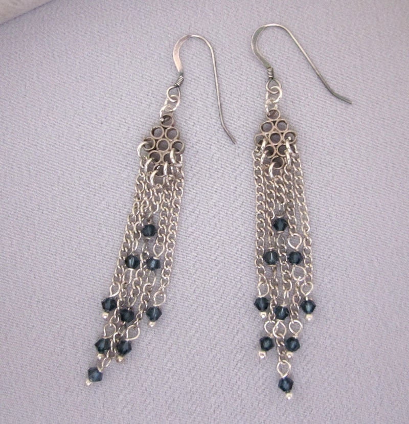 Upcycled Chandelier Earrings, Multi Chain, Sapphire Blue Earrings, Waterfall Dangle Handmade OOAK Assemblage Jewelry by JryenDesigns