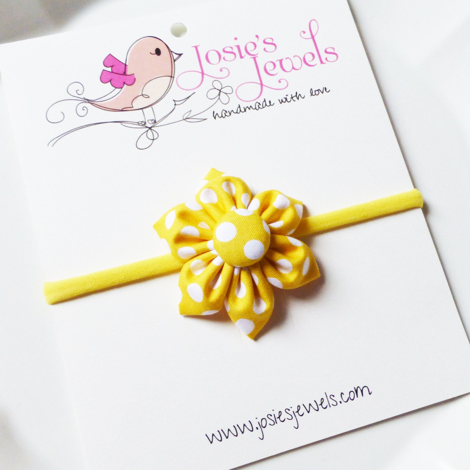 Yellow & White Polka Dot Fabric Flower Girls Headband