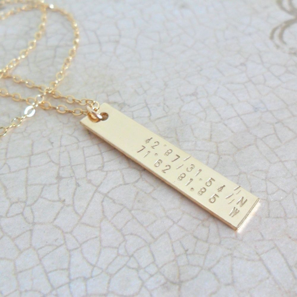 Custom Latitude & Longitude Gold Fill Bar Necklace (Free Shipping)